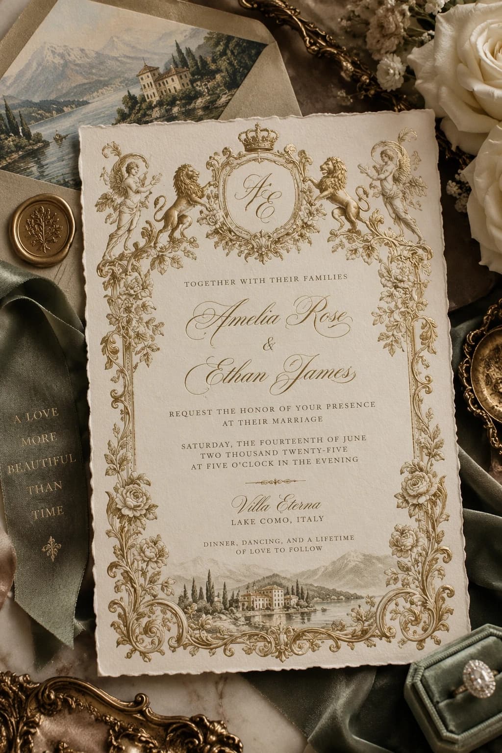 Ejemplo de OpenAI GPT Image 2.5: invitación de boda ornamentada en crema y dorado con bordes decorativos y una ilustración de un lago