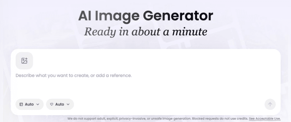 Zona de entrada de Vismuse AI Image Maker con botón para subir imagen, campo de prompt, controles de relación de aspecto y resolución y flecha de generación