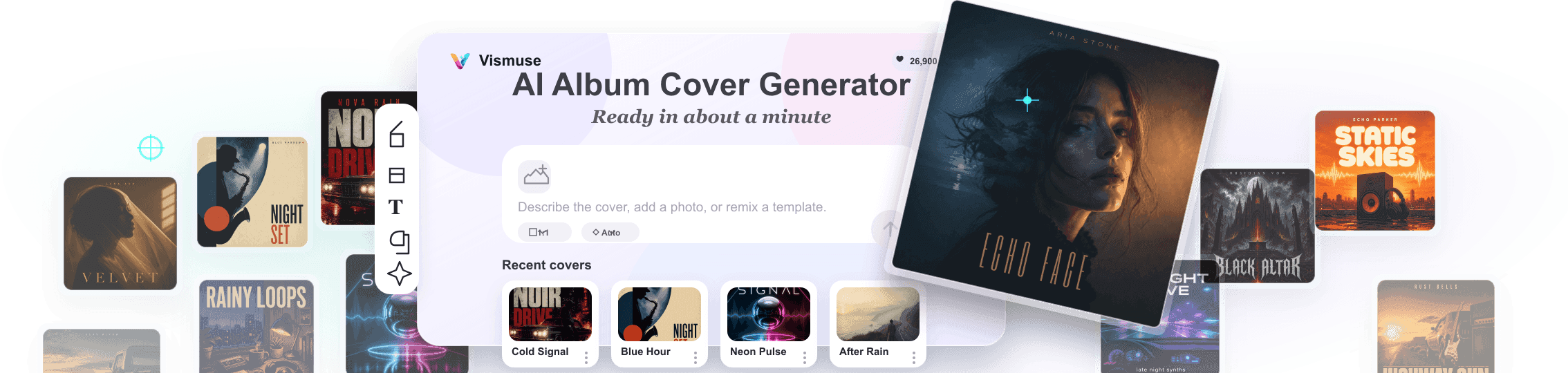 A row of AI-generated album cover examples for different music genres