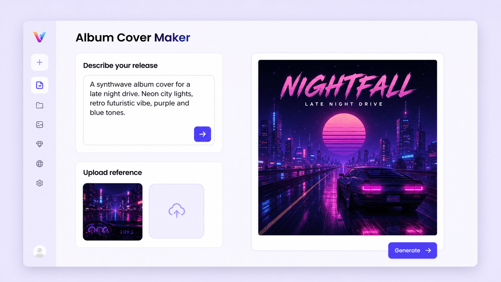 Vismuse album cover workspace with prompt input and upload reference
