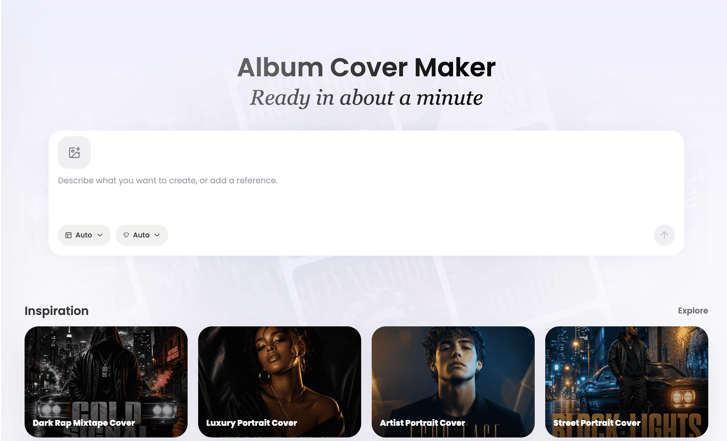 Vismuse Album Cover Generator workspace with prompt input and inspiration covers