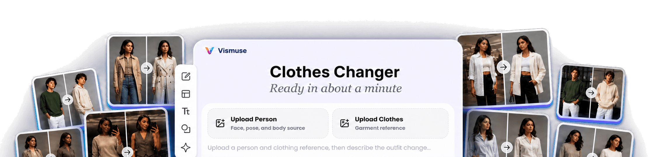 AI clothes changer workspace surrounded by before and after outfit swap examples