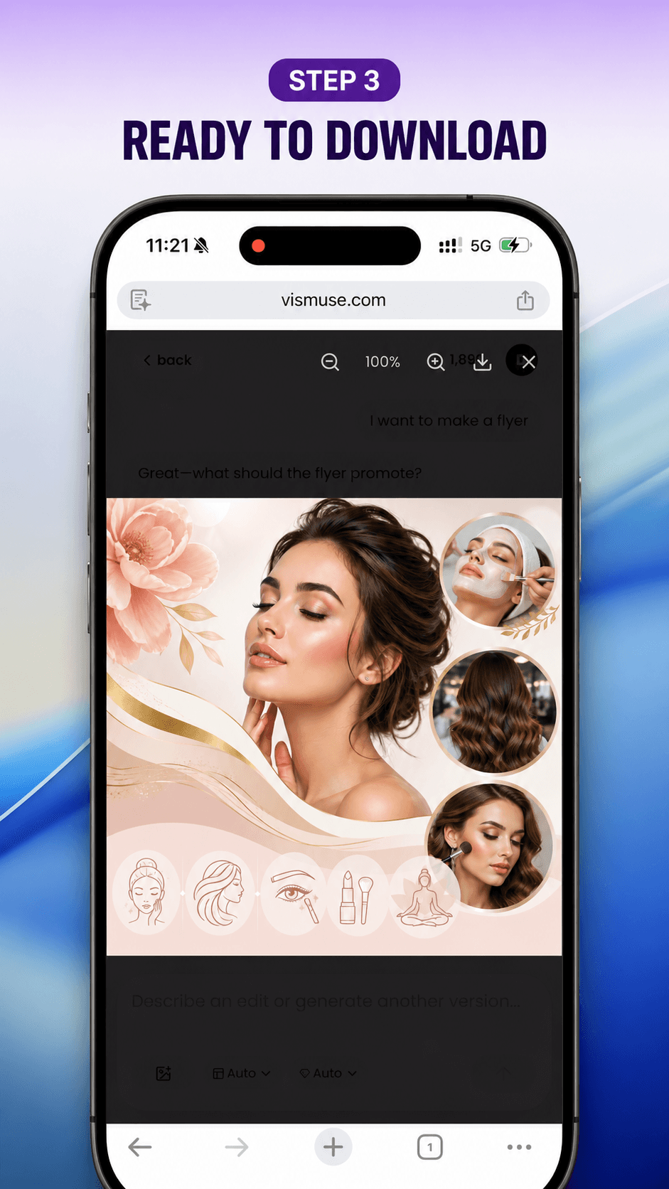 Finished AI beauty flyer ready to download from Vismuse on a mobile phone