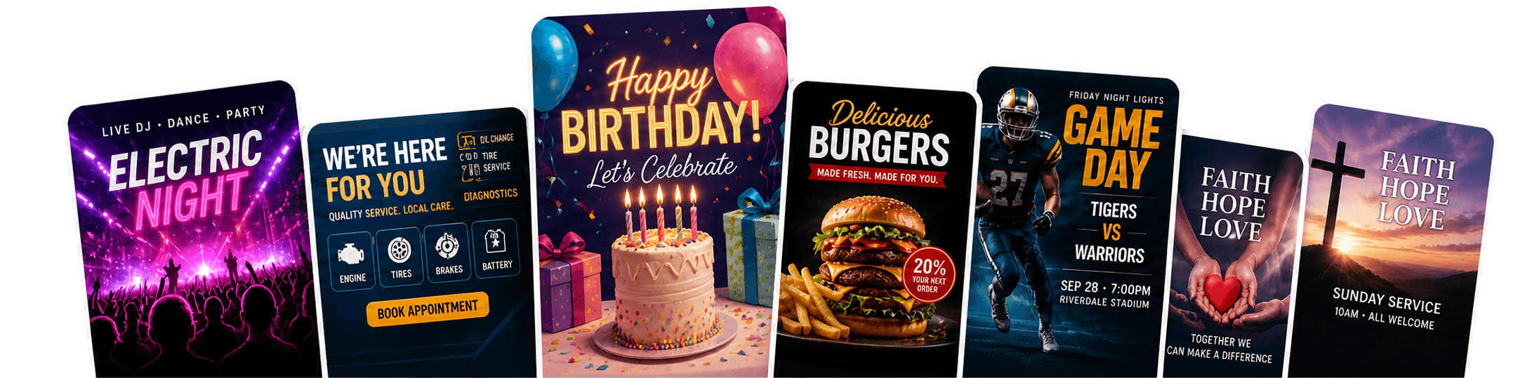 A compact row of birthday, music, restaurant, sports, service, and church flyer examples