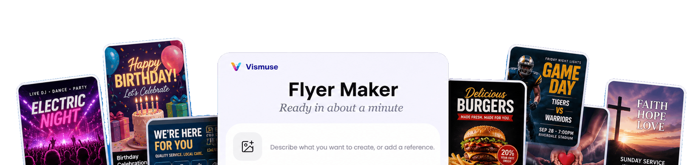 AI flyer maker workspace surrounded by birthday, music, restaurant, sports, and church flyer examples