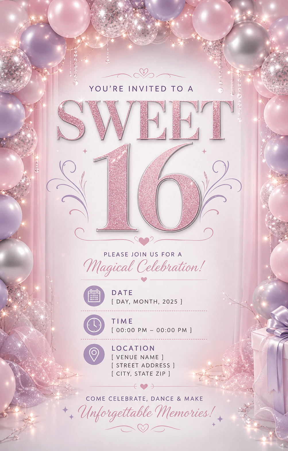 Pink Sweet Sixteen birthday invitation flyer