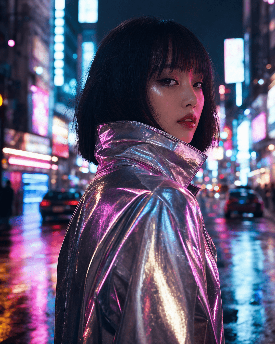 Editorial AI portrait with cinematic neon lighting