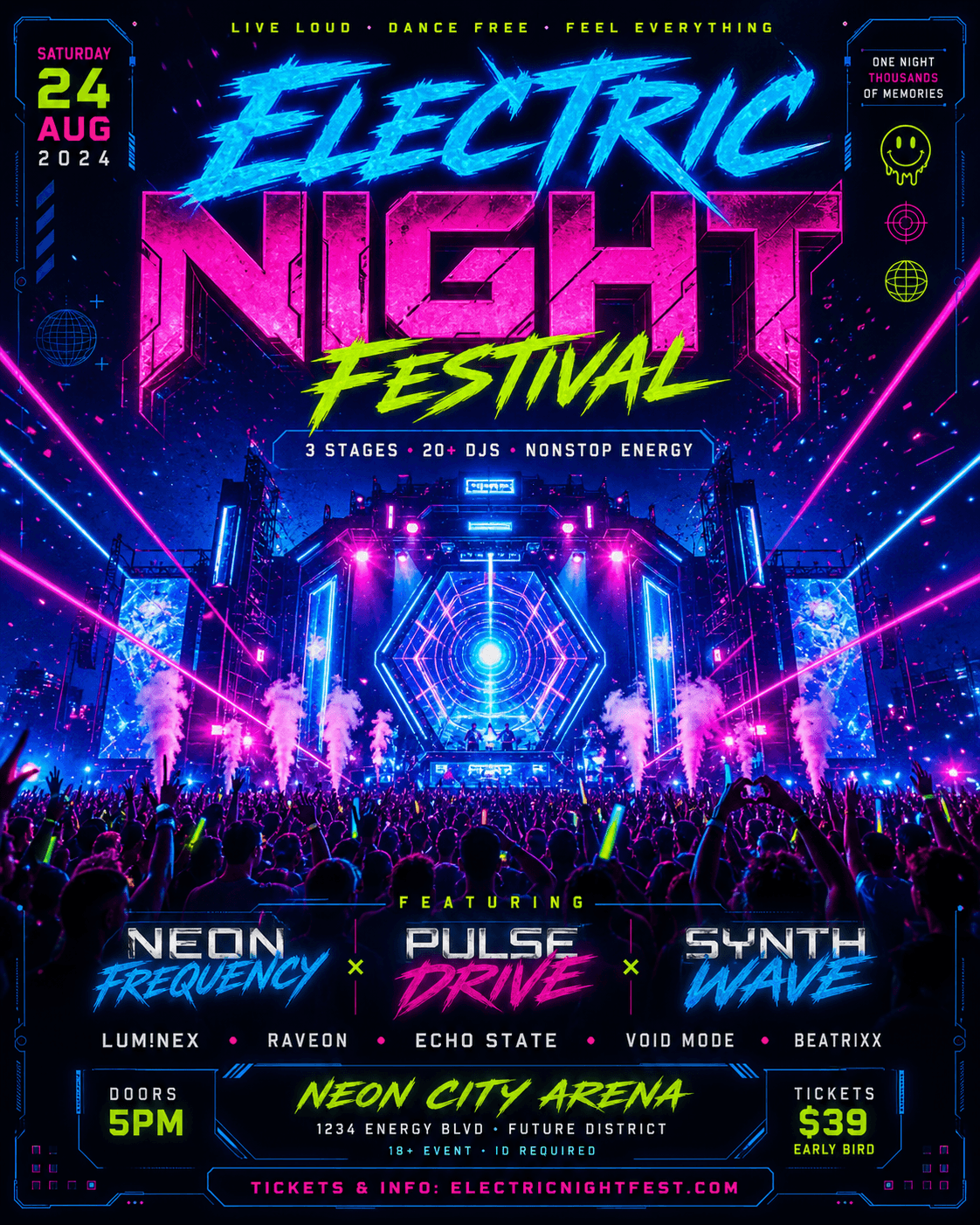 Refined neon Electric Night Festival party flyer generated in the chat