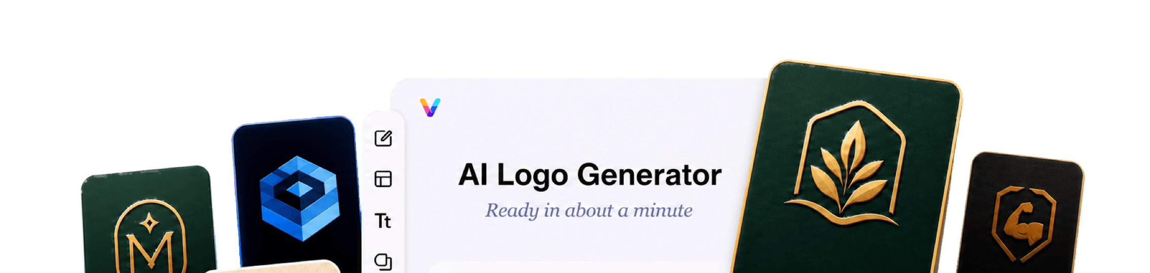 Vismuse AI Logo Generator workspace surrounded by business marks, monograms, badges, mascots, and brand mockups