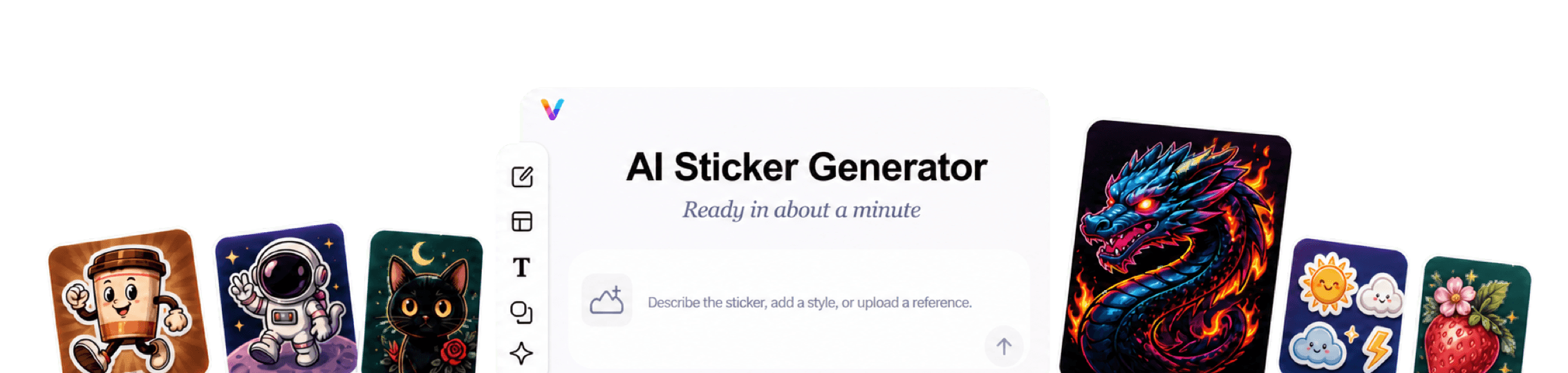 Vismuse AI Sticker Generator workspace surrounded by cute characters, reaction stickers, mascots, labels, and sticker packs
