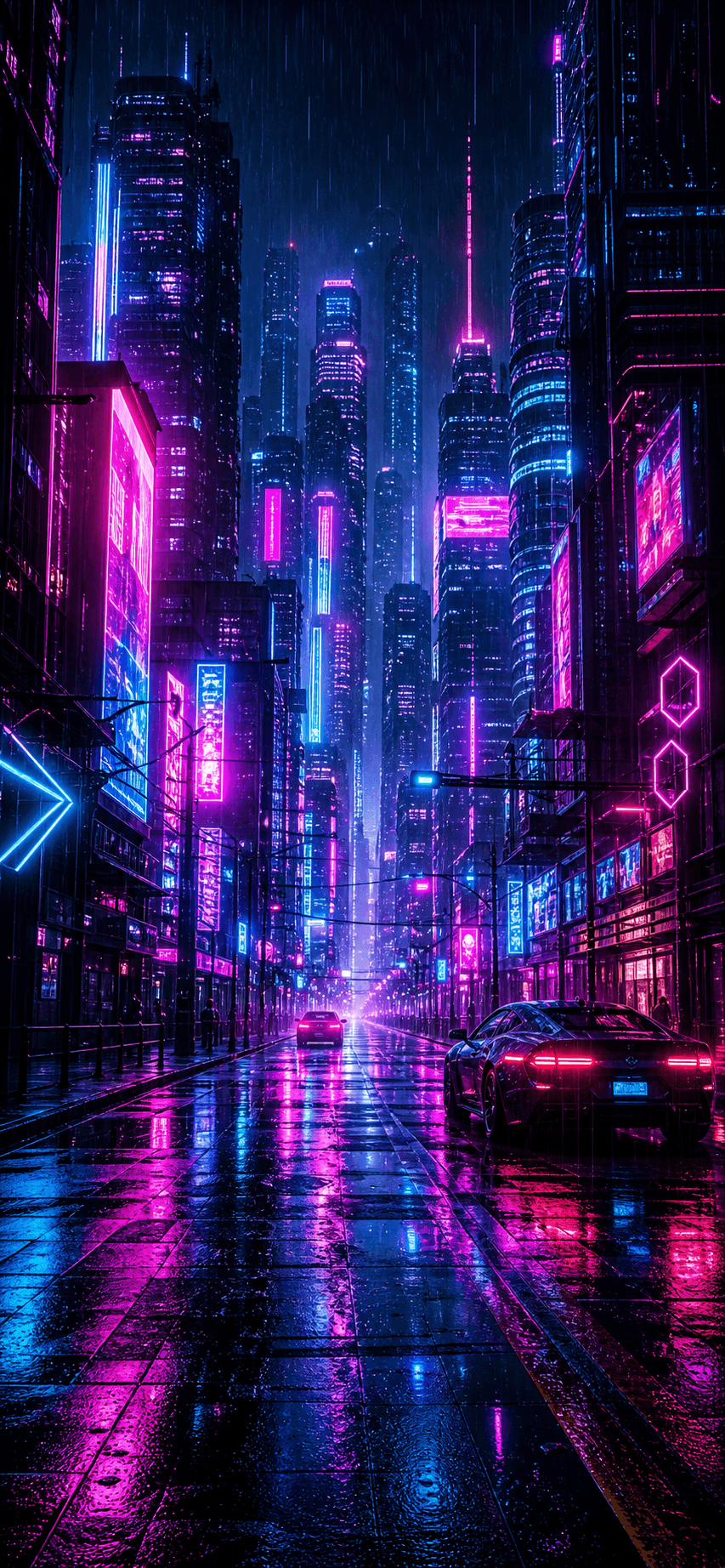 Portrait cyberpunk rain city phone wallpaper