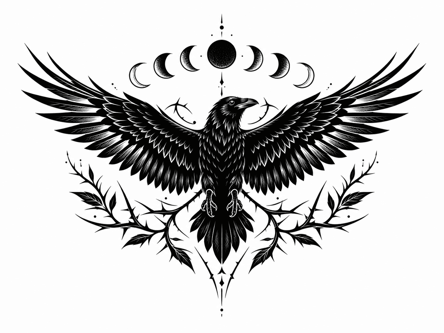 Blackwork raven tattoo stencil reference