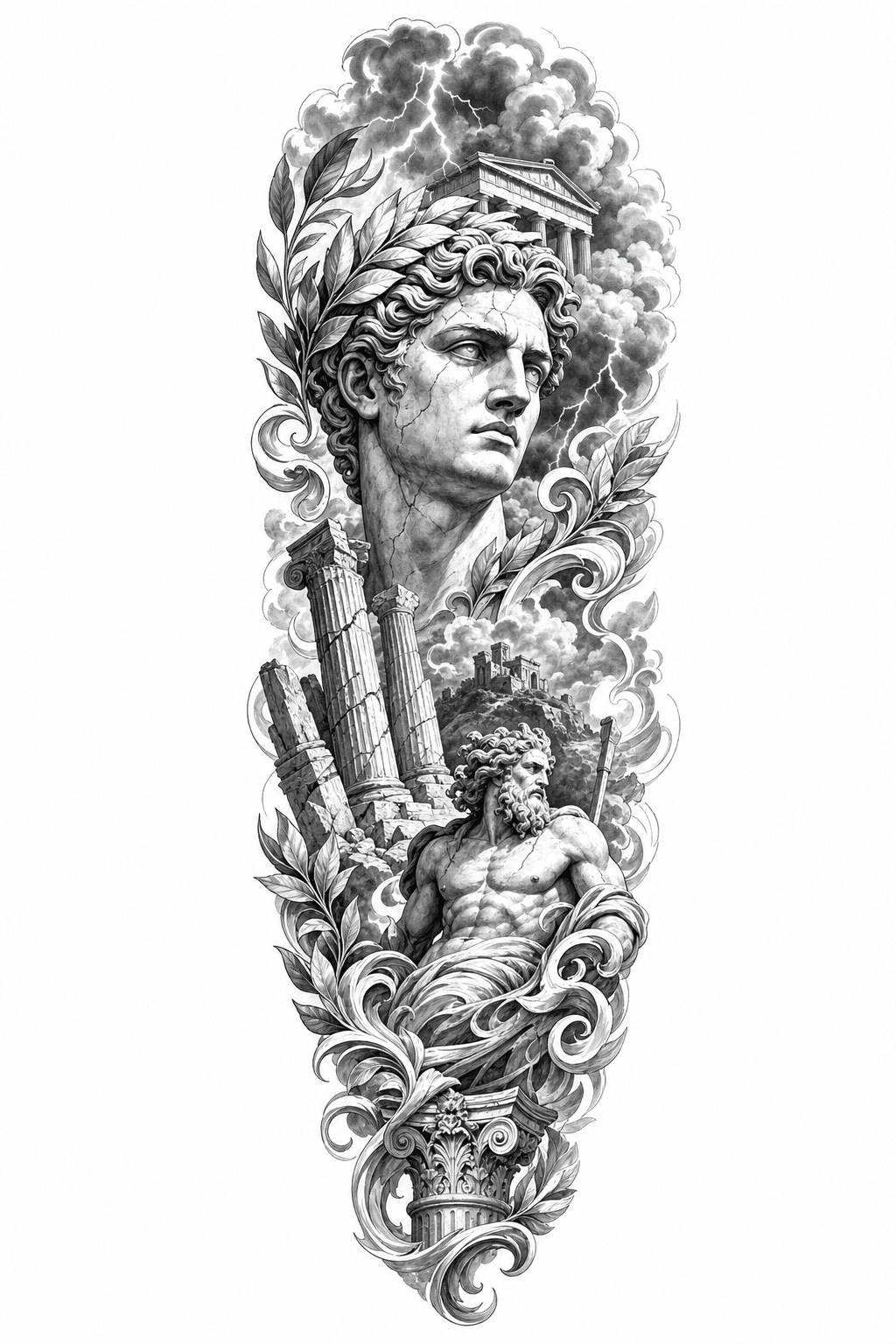 Full sleeve mythology tattoo layout concept