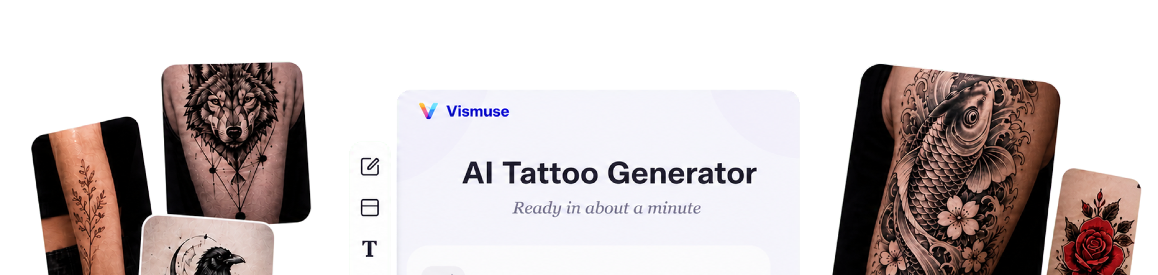 Espacio de trabajo del generador de tatuajes con IA de Vismuse rodeado de conceptos de línea fina, geométricos, blackwork, japoneses, tradicionales, lettering y mangas
