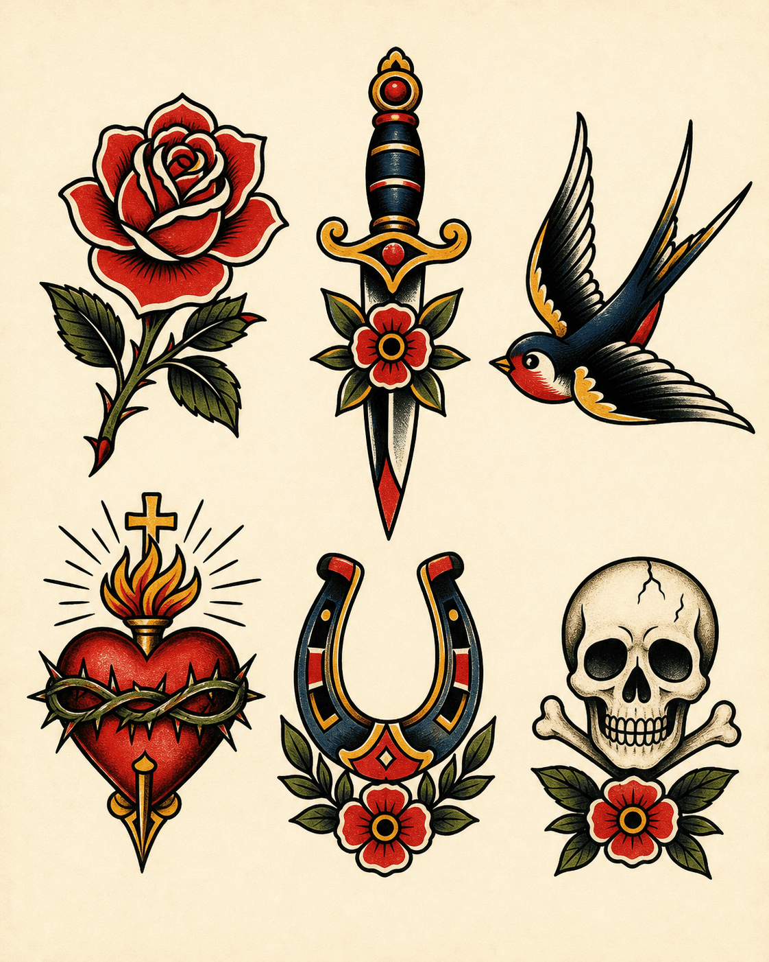 Traditional rose tattoo flash concept sheet