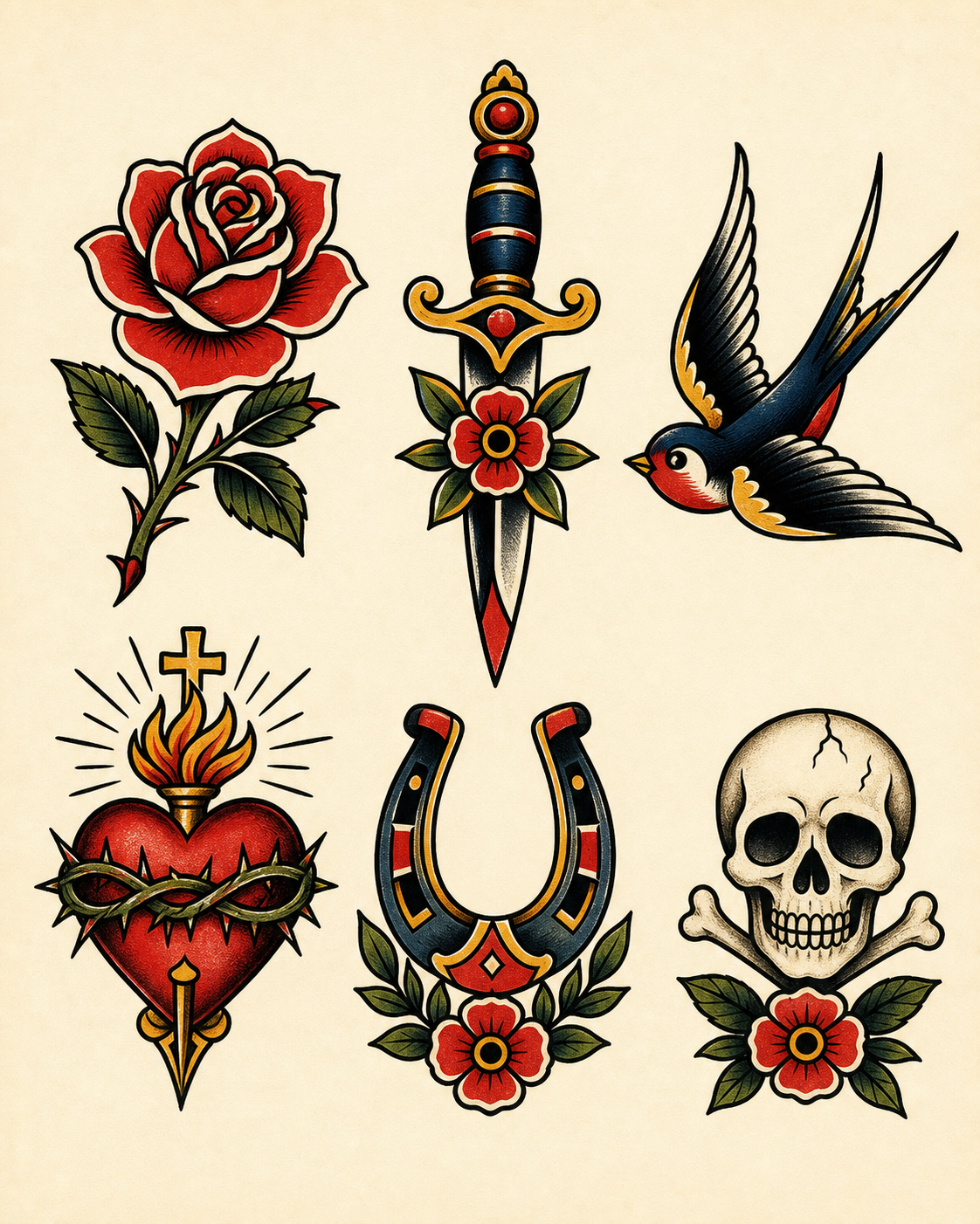 Hoja de conceptos flash de un tatuaje de rosa tradicional