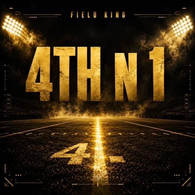 Album cover typography with a large bold title over a cinematic nighttime football field