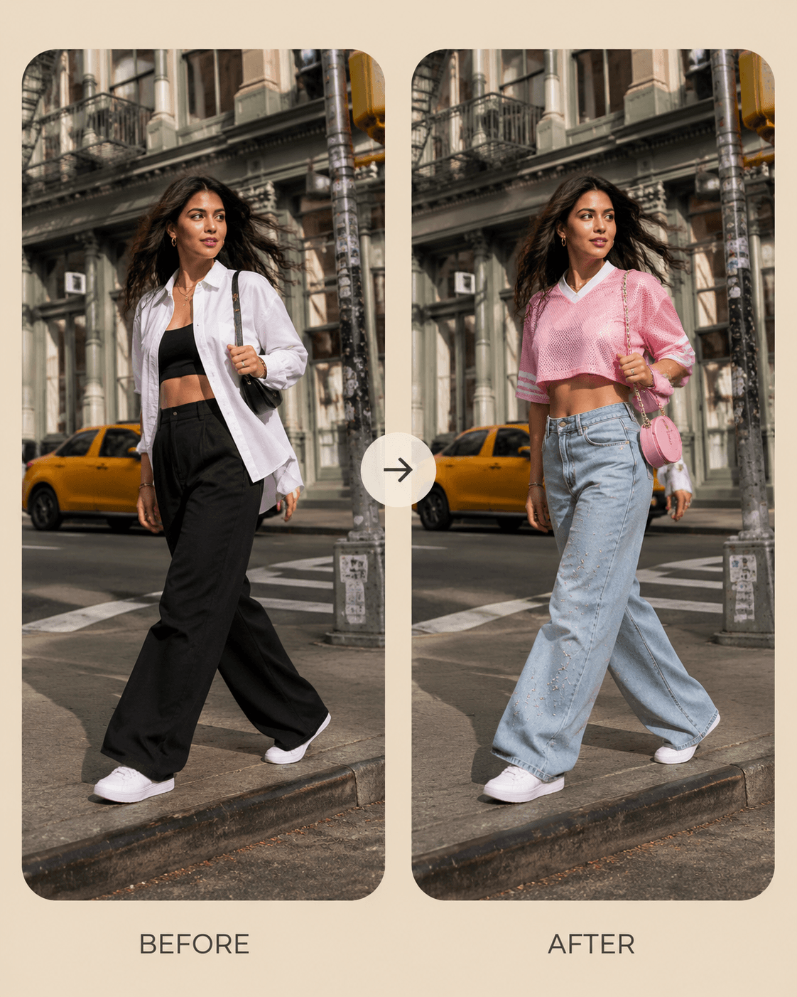 Before and after AI clothes swap using an outfit reference