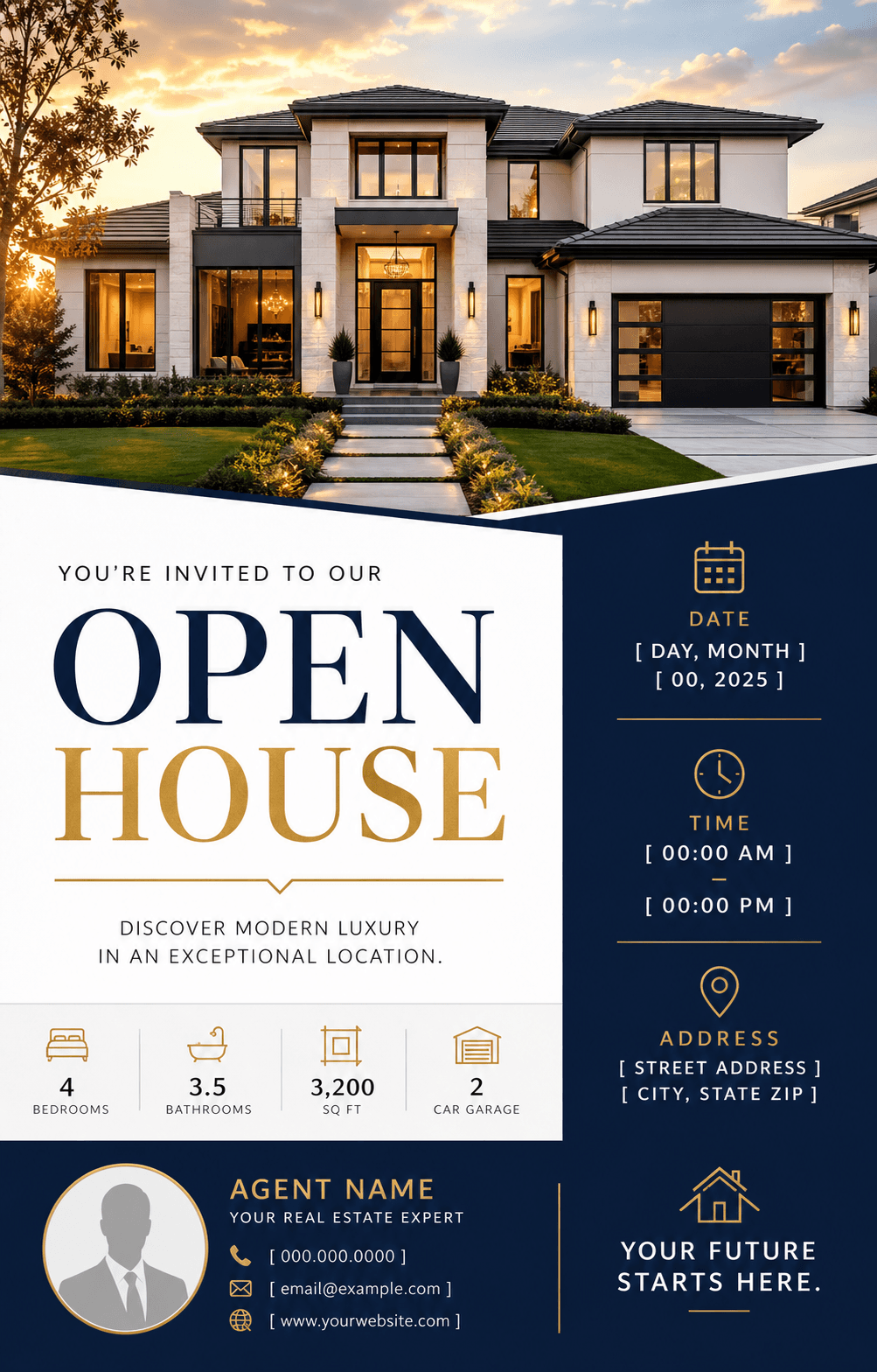 Open house flyer with a property photo, event details, home features, and agent information
