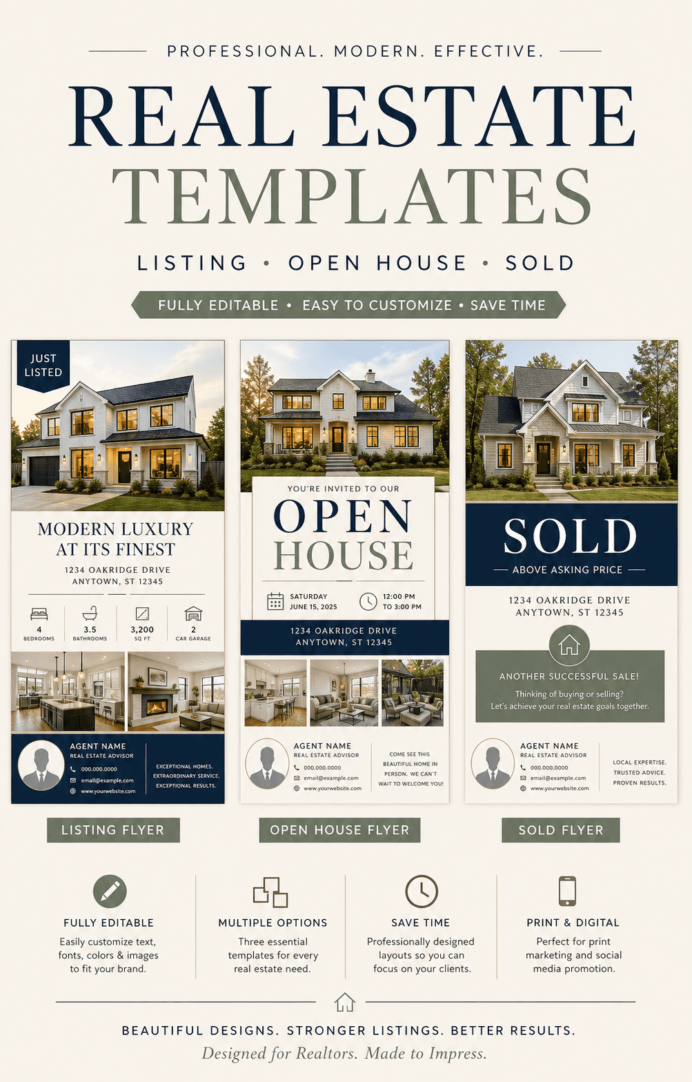 Collection of listing, open house, and sold real estate flyer examples