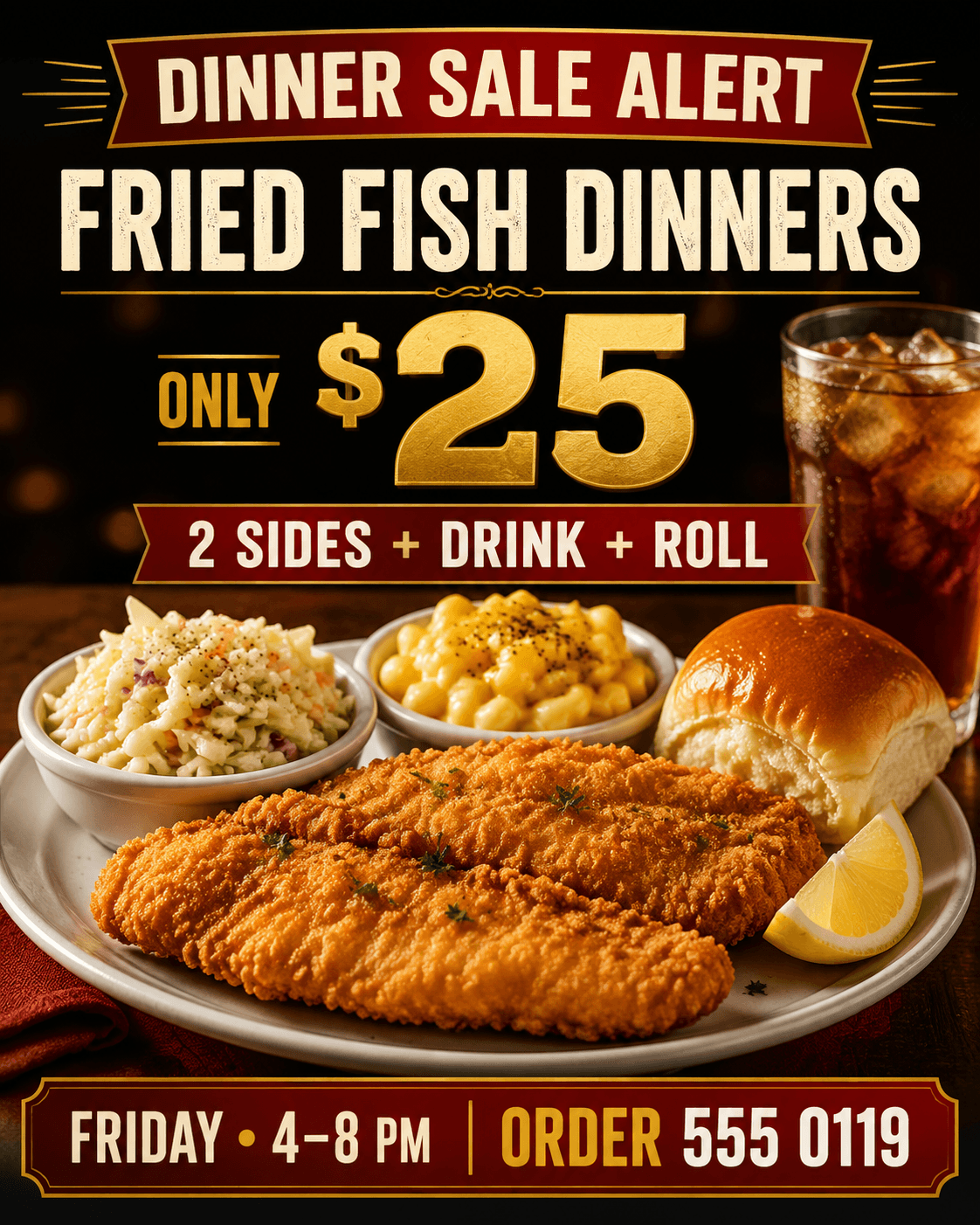 Dinner Sale AI flyer template with a food offer, price, hours, and ordering CTA