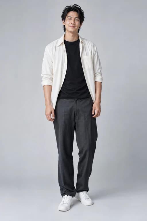 Original adult man in an ivory overshirt, assigned to the opening dancer