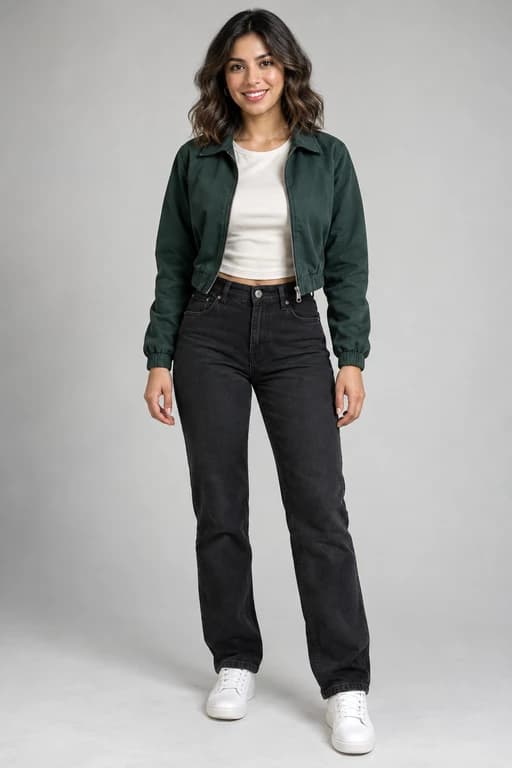 Original adult woman in a forest green jacket, assigned to the selfie operator