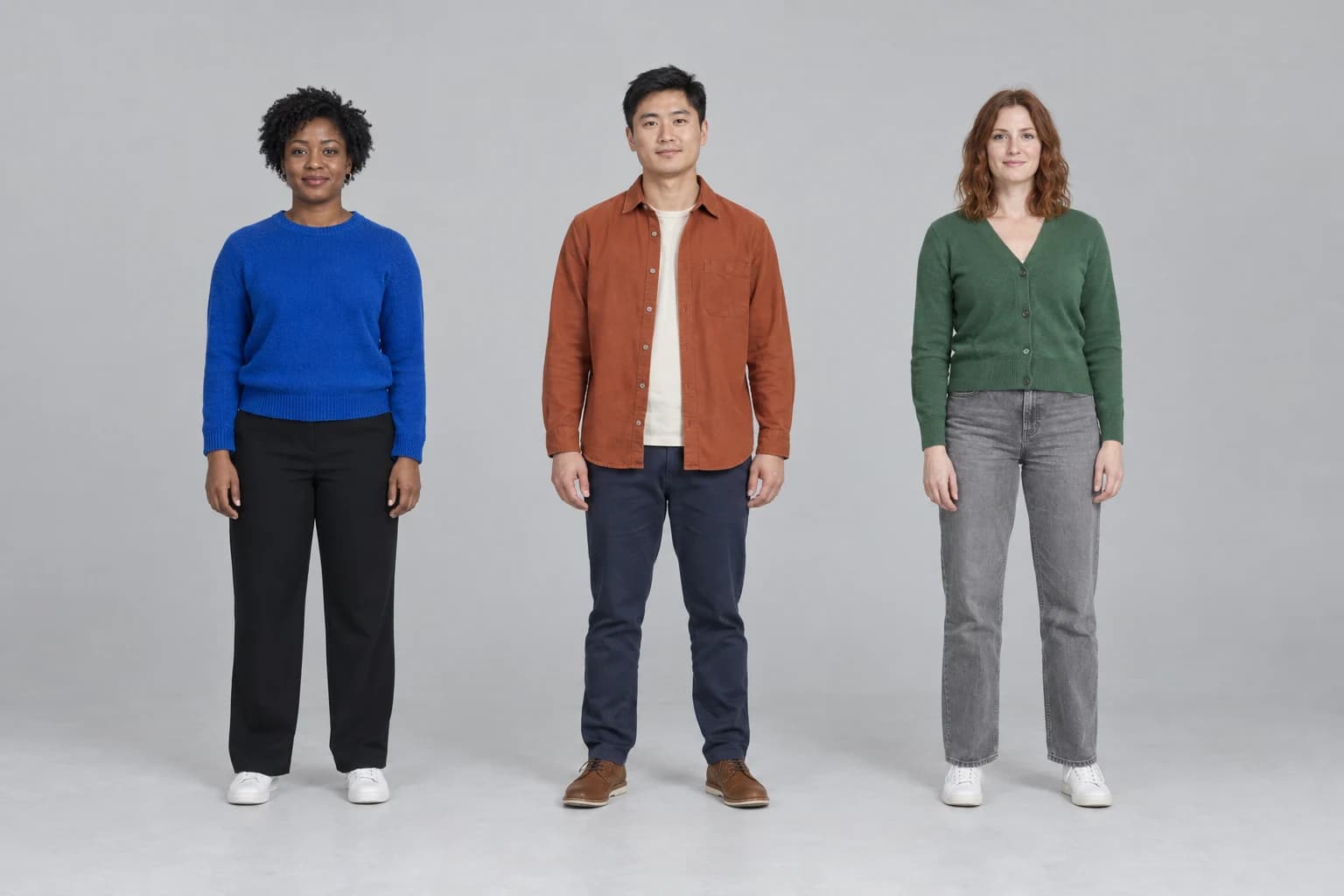 Group photo of three AI characters used for the crew dance example