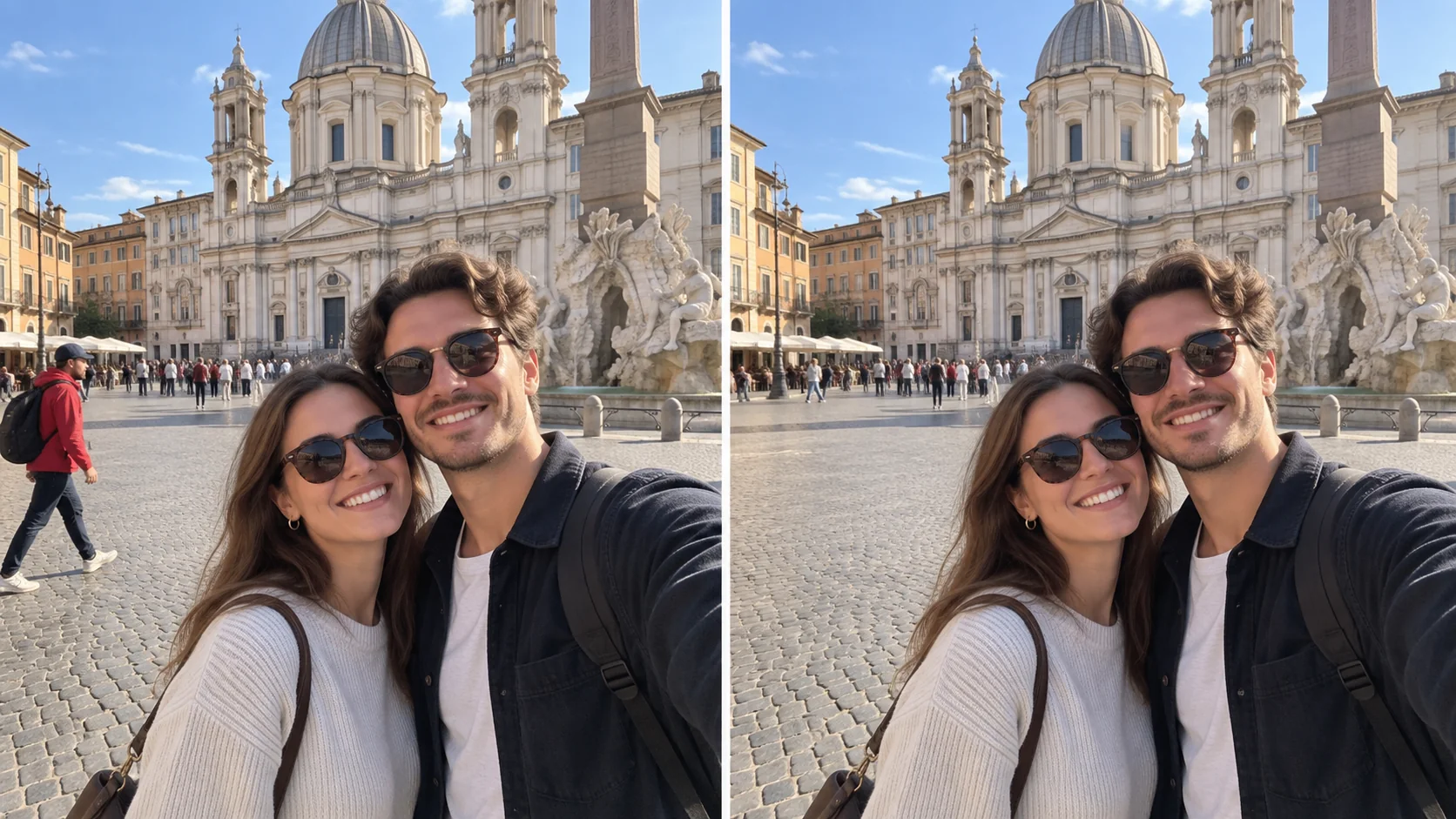Before-and-after travel photo showing an unwanted passerby removed from the scene