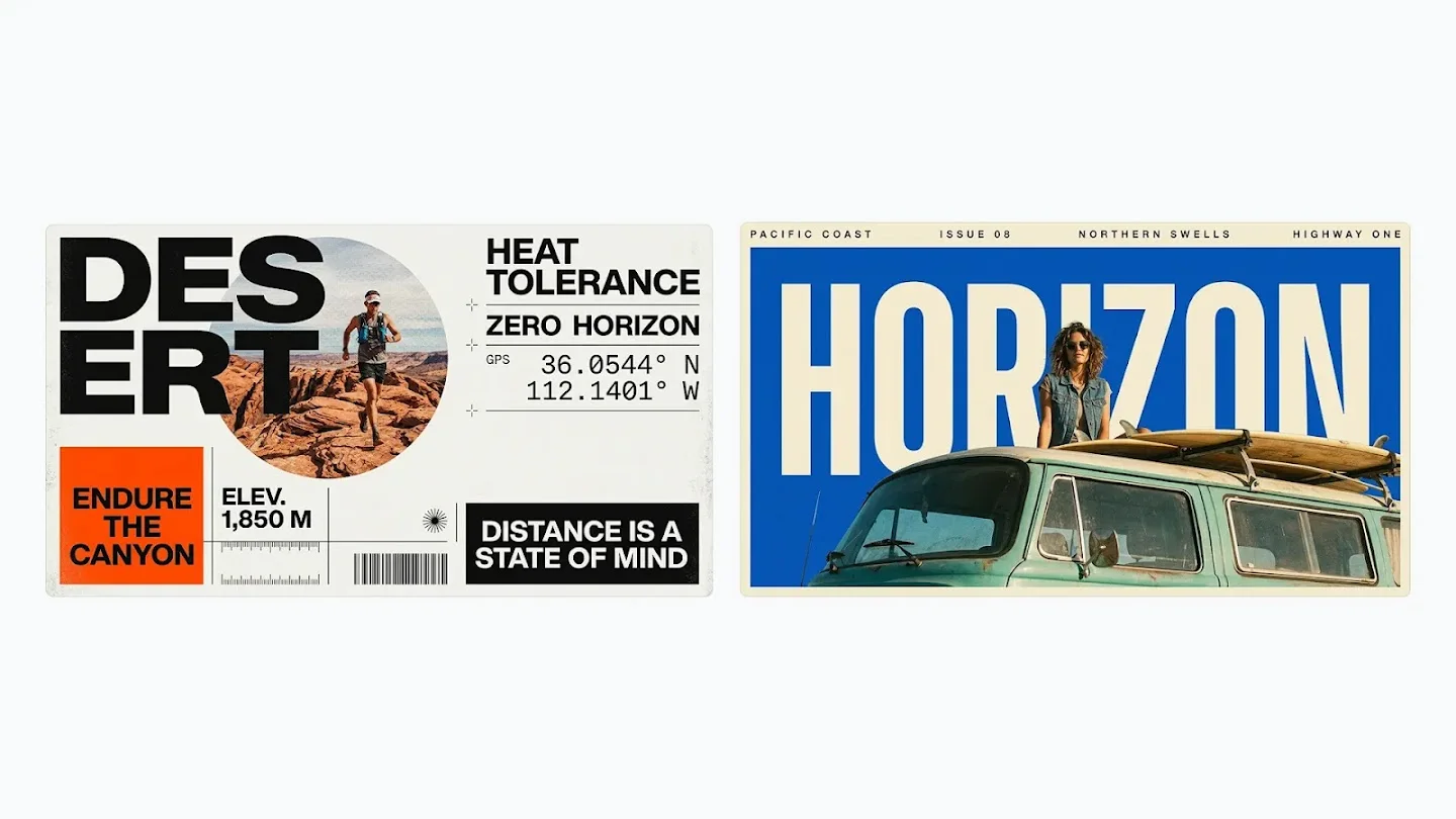 Google DeepMind Nano Banana 2.1 examples: desert running and coastal travel posters with bold typography