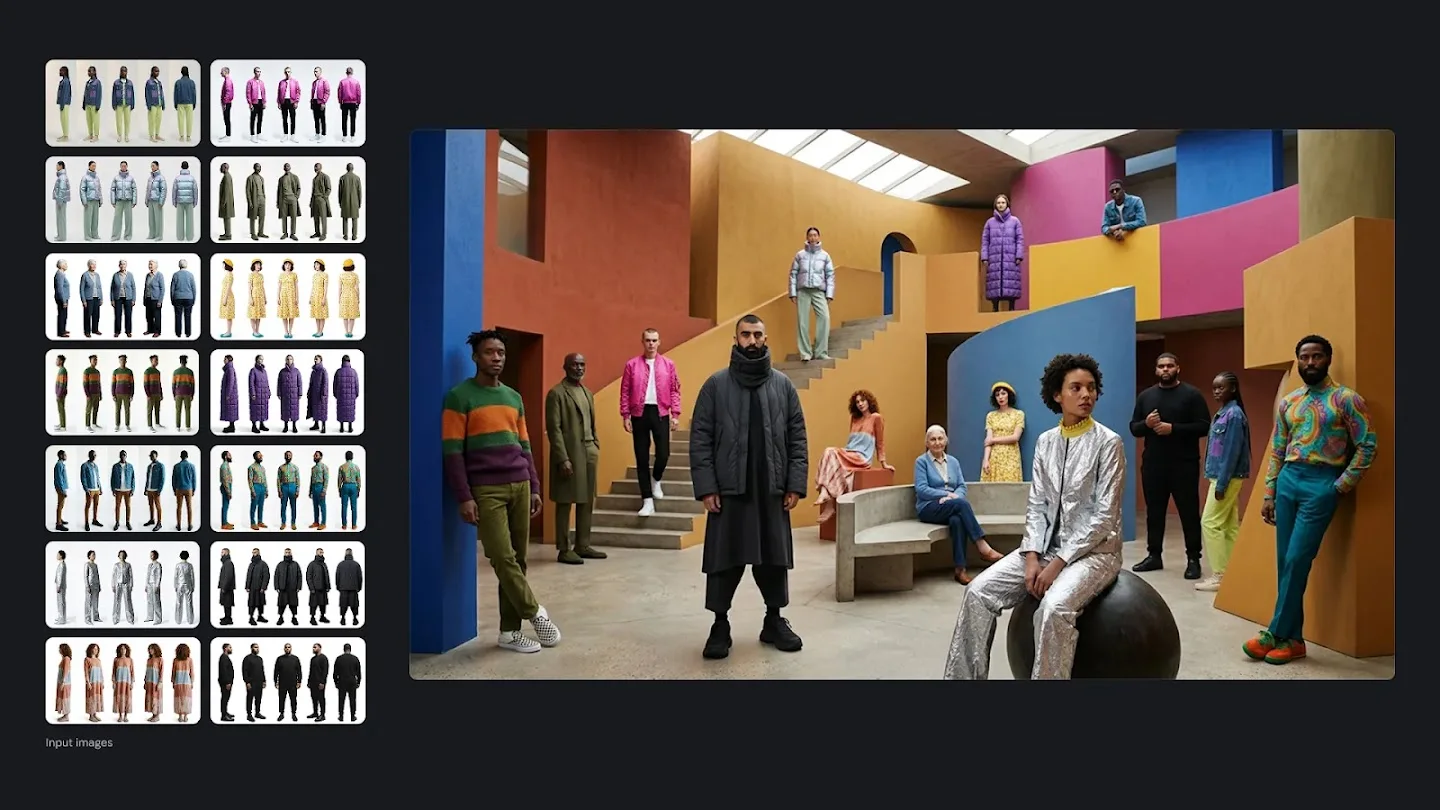Google DeepMind example combining fashion reference subjects in one colorful architectural scene