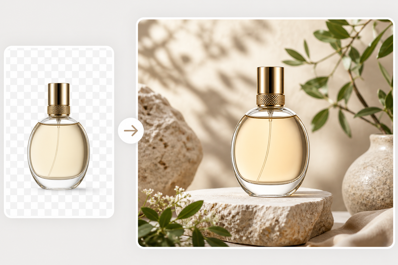 A perfume cutout continued into a polished lifestyle product background