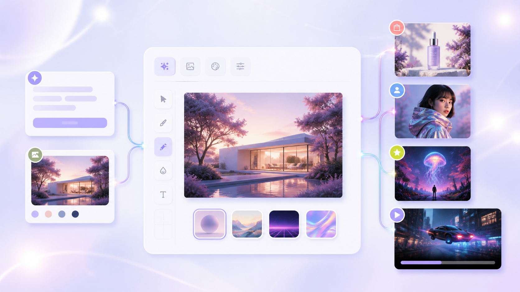 A simple Vismuse workflow from prompt and reference image to finished images and video