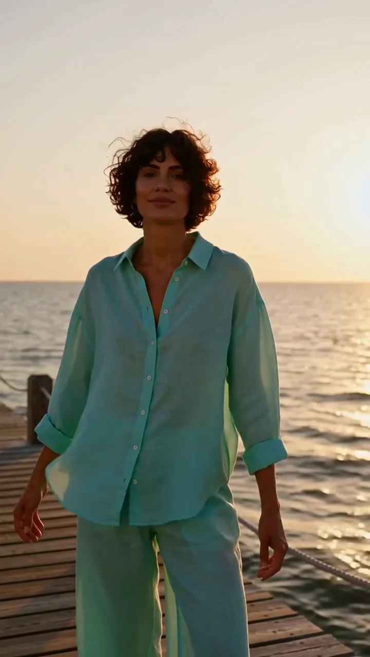 Example photo of a fictional woman with curly hair and a turquoise outfit by the sea