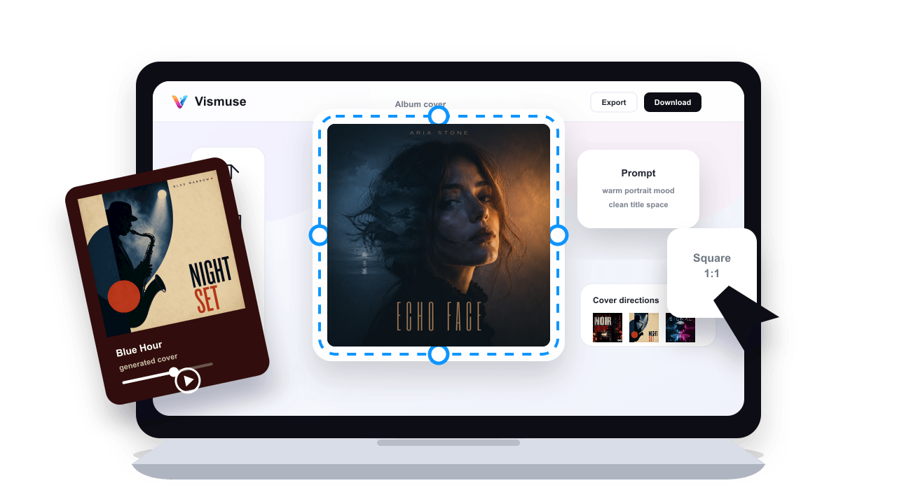 Vismuse prompt and generated album cover example