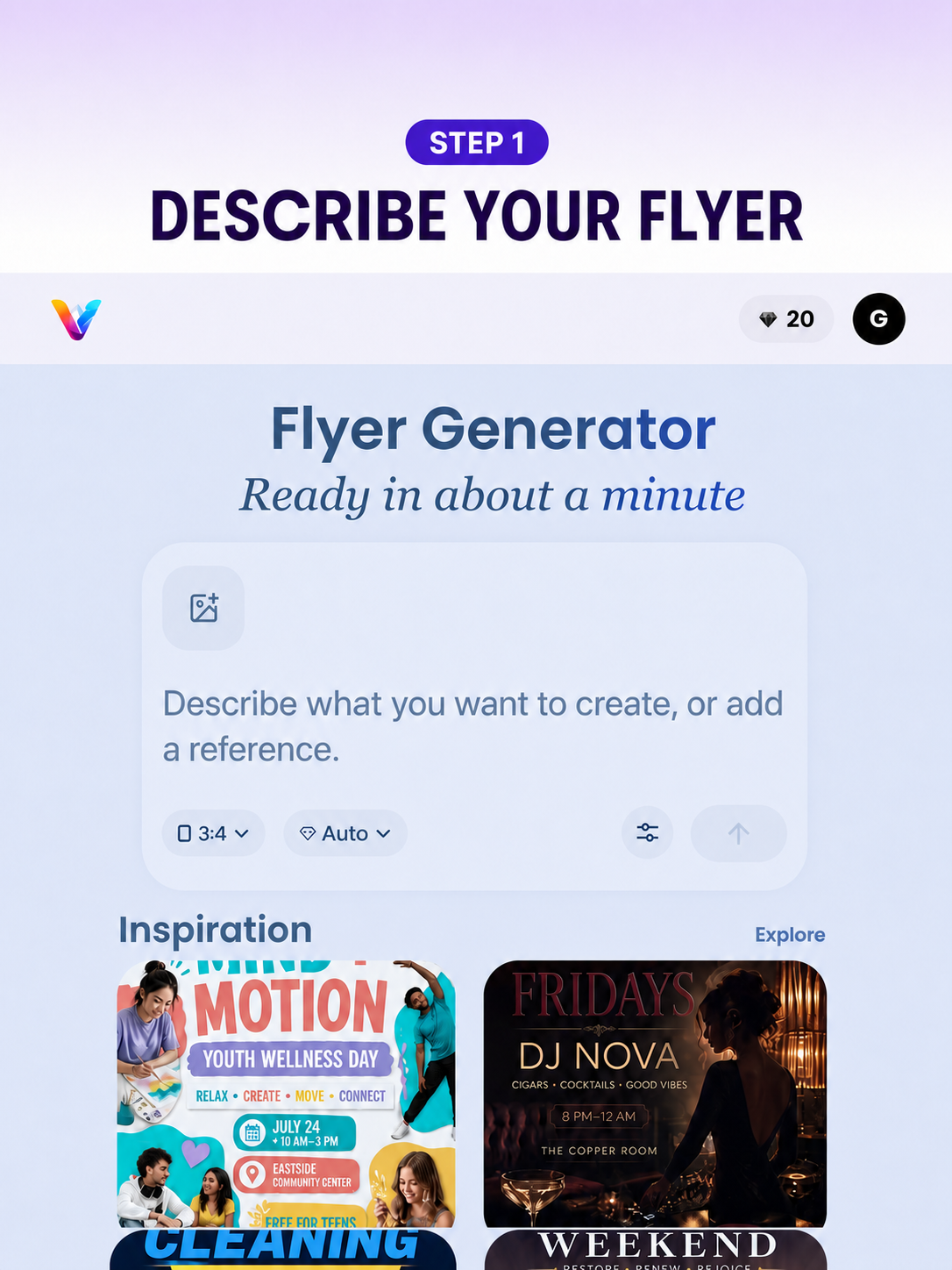 Vismuse flyer prompt field displayed on a mobile device for a party flyer brief