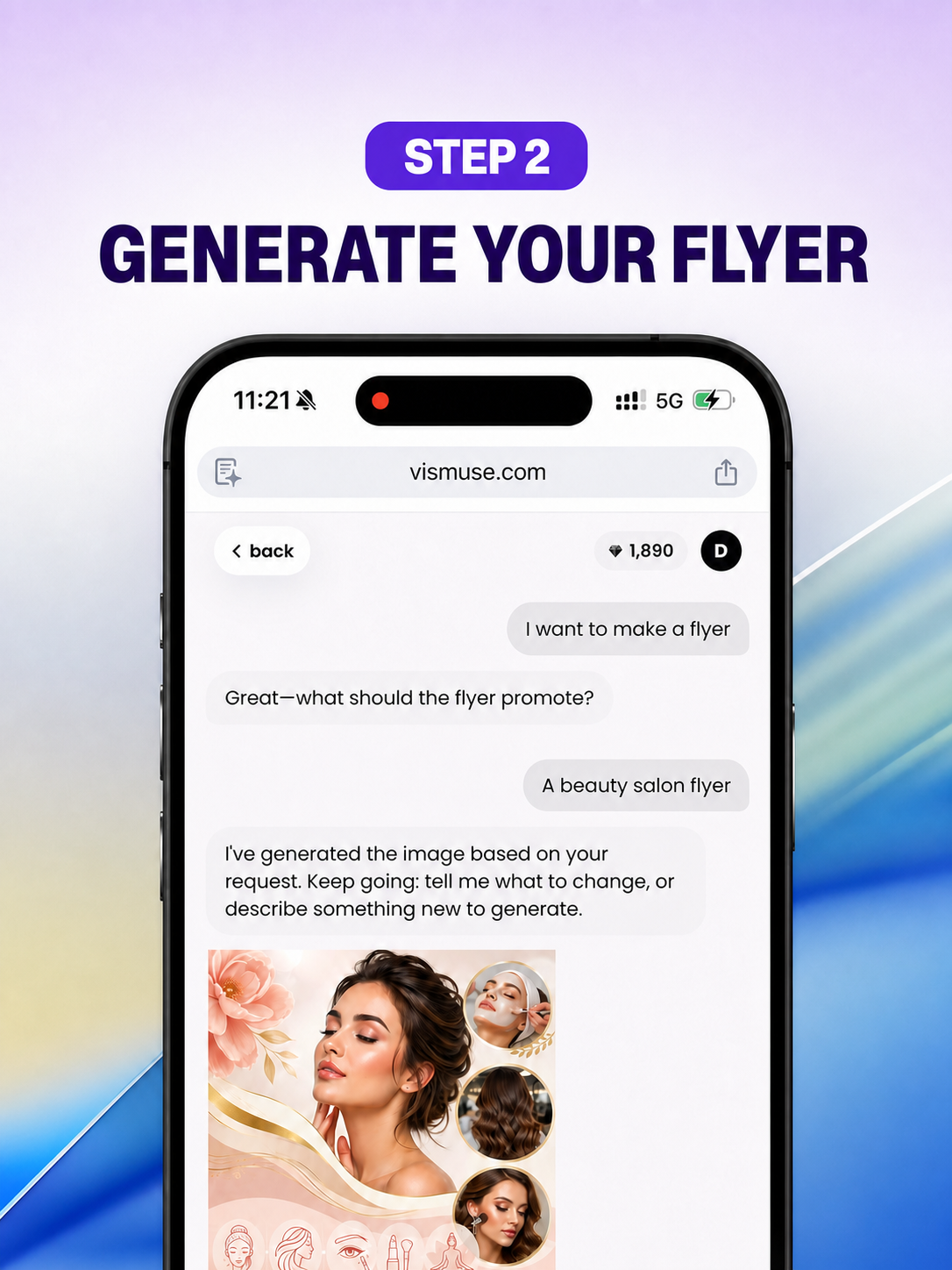 AI-generated flyer displayed in the Vismuse chat workflow on a phone