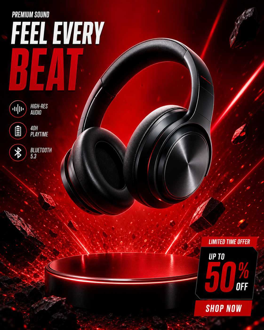 Plantilla publicitaria de unos auriculares rojos utilizada en la guía de anuncios de producto